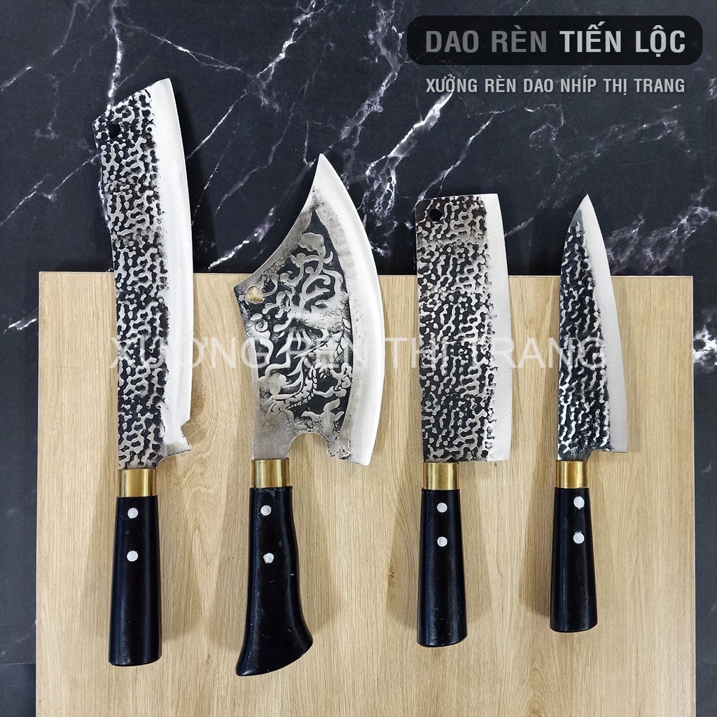 Bộ 4 Dao Thép Nhíp Dập Vân 2 Mặt Cao Cấp Dùng Cho Nhà Bếp, Chặt Cây, Chặt Xương, Thái Lọc Thịt