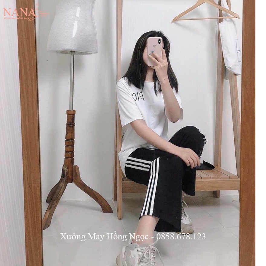 Quần thể thao 3 sọc nữ ống rộng suông dài viền kẻ trắng dáng quần Jogeer nữ ống rộng có dây rút mặc đi học tập thể dục