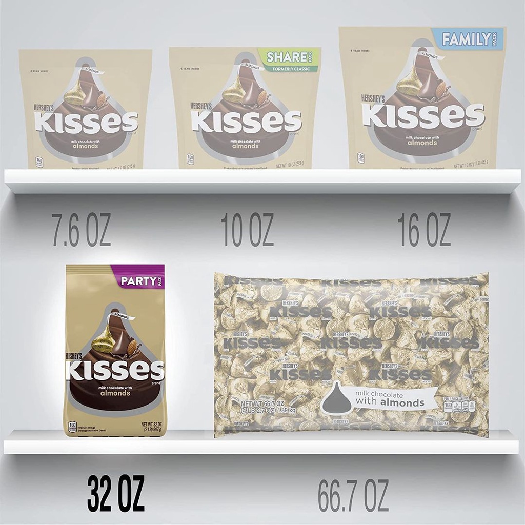 TÚI 907g SOCOLA SỮA HẠNH NHÂN HERSHEY'S KISSES Milk Chocolate with Almonds Candy (32oz)