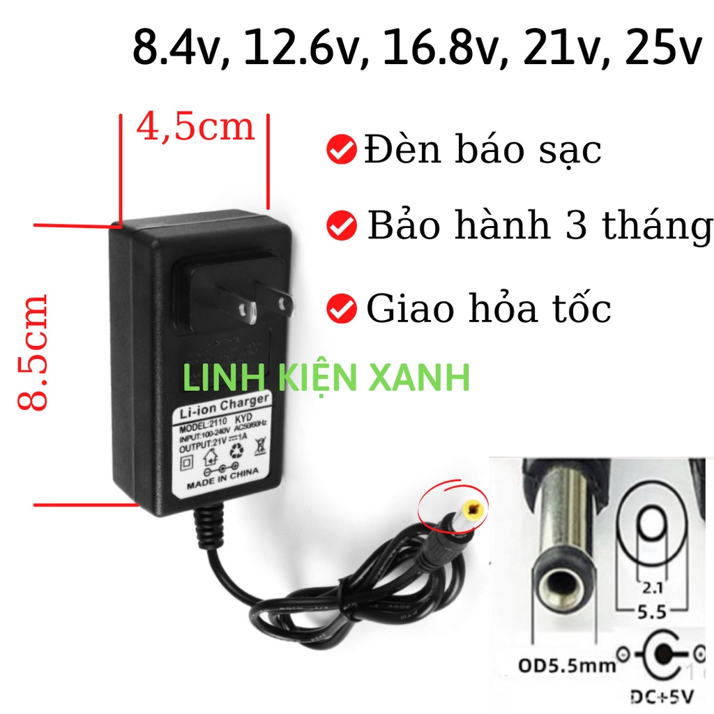 Sạc pin 2s, 3s, 4s, 5s, 6s 8.4v, 12.6v, 16,8v, 21v, 25v có đèn báo đầy, tự ngắt sạc pin máy khoan bắn vít cầm tay