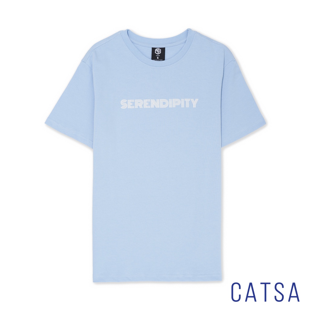 Áo thun xanh biển in chữ SERENDIPITY form slimfit, thoáng mát, thoải mái CATSA ATN292