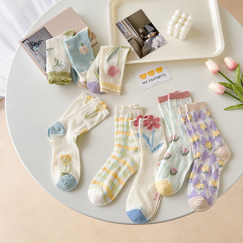 Vớ Lưới Cổ Vừa Thoáng Khí Họa Tiết Hoa Tulip Dễ Thương Phong Cách Nhật Bản Thời Trang Cho Nữ