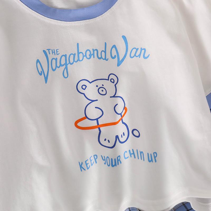 Set Áo Thun Ngắn Tay + Quần Dài Sọc Caro Thời Trang Cho Bé Gái