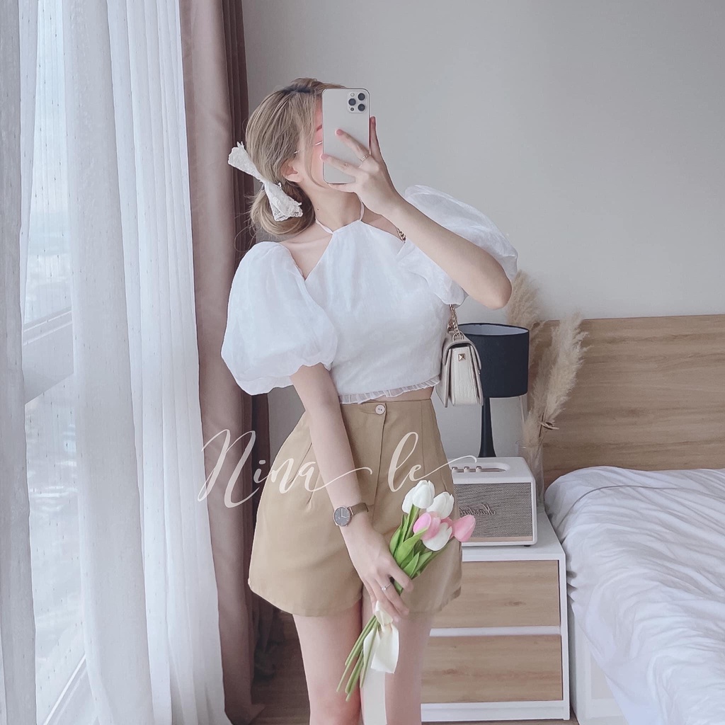 SET ÁO YẾM TRẮNG TAY BỒNG NƠ LƯNG QUẦN SHORT BE