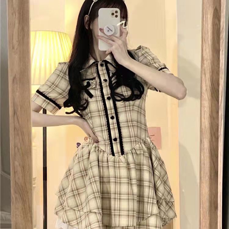 Váy dáng xòe 2 lớp thắt nơ kẻ caro vàng cực xinh Ảnh thật