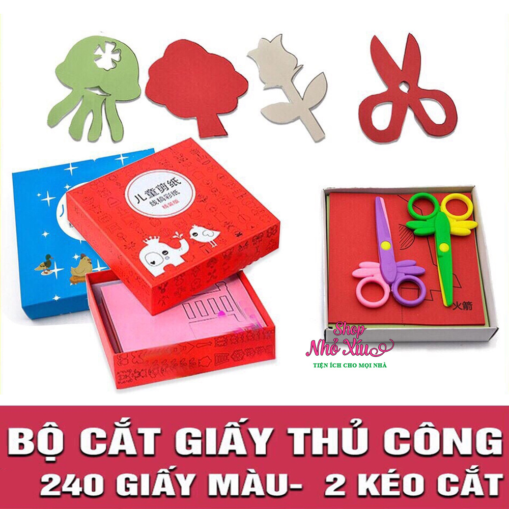 Bộ đồ chơi cắt giấy thủ công tạo hình cho bé (240 tờ giấy màu + 2 kéo an toàn)