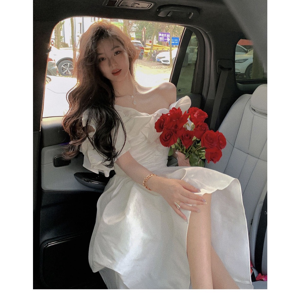 ĐẦM MIDI TRẮNG BẸT VAI NHÚN BÈO NHÍU NGỰC