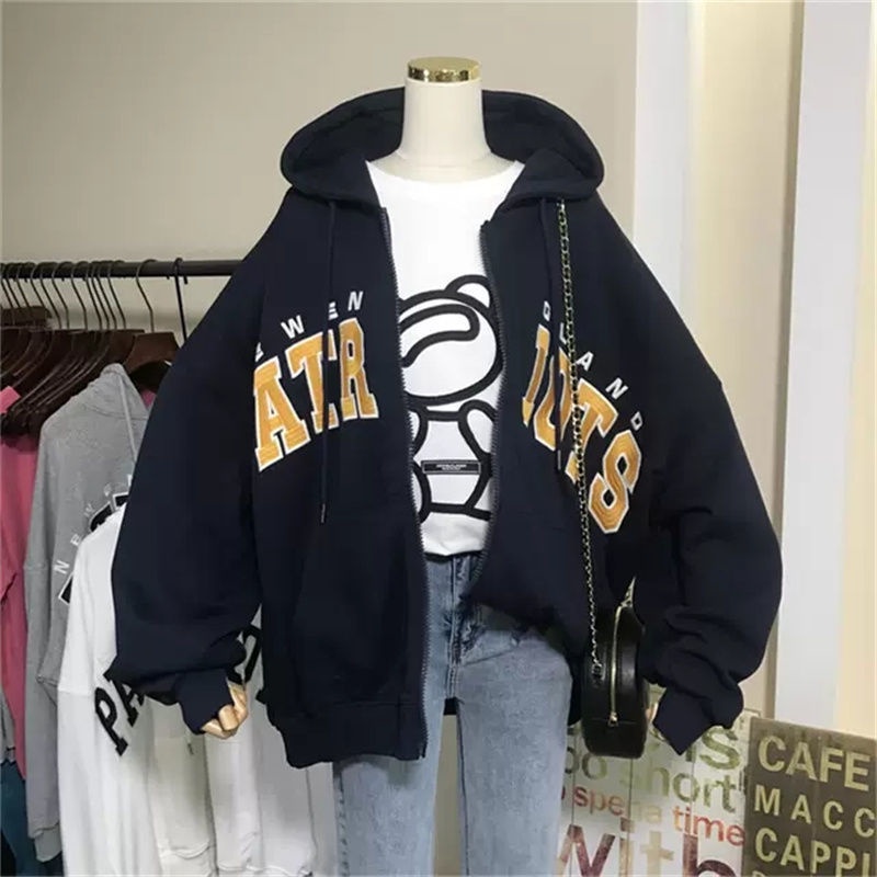 Áo Hoodie Dáng Rộng Thêu Chữ Đơn Giản Cổ Điển Đường Phố Có Khóa Kéo Dành Cho Nữ Tuổi Teen
