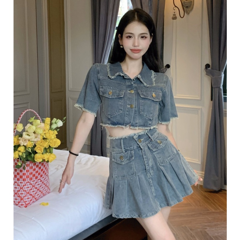 Set Áo Denim Ngắn Tay Form Rộng Và Chân Váy Xếp Ly Thời Trang Dành Cho Nữ