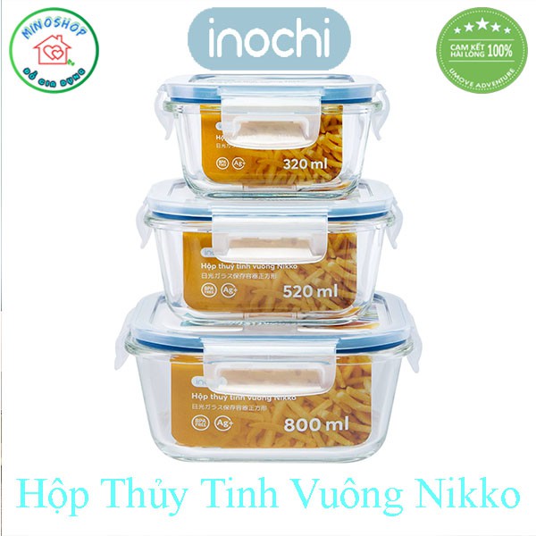 [3 Size] Hộp Đựng Thực Phẩm Thủy Tinh Vuông Nikko, Hộp Bảo Quản Thực Phẩm Vuông Inochi Cao Cấp