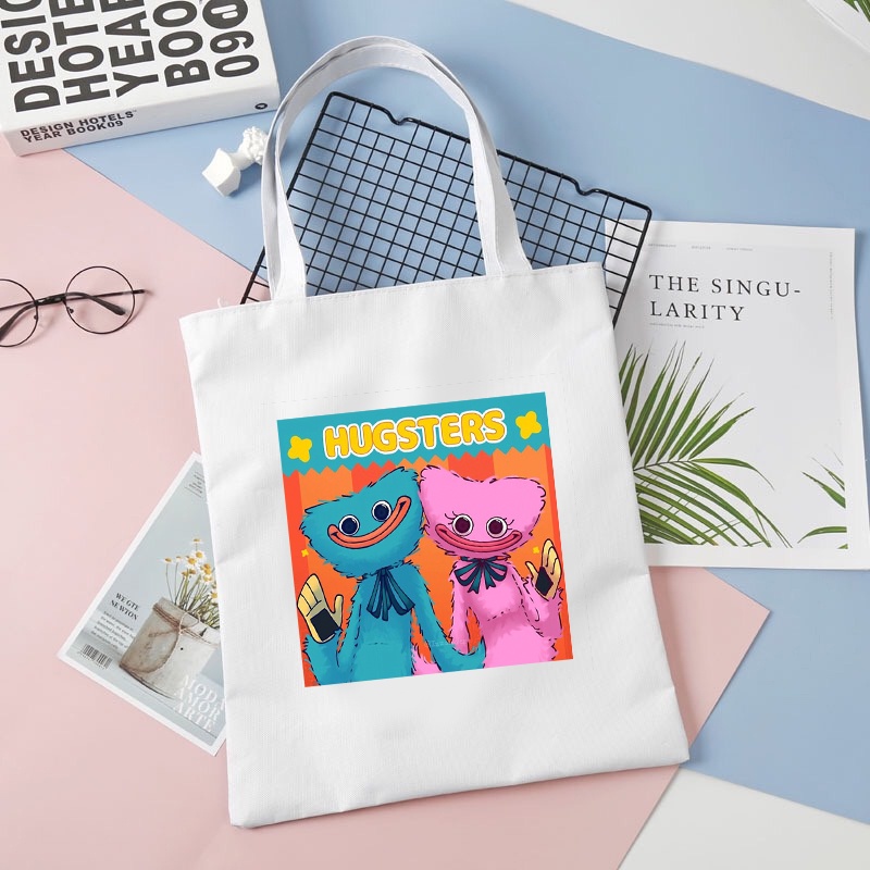 Túi tote vải trắng đeo vai in hình game POPPY PLAYTIME phong cách anime chibi tiện lợi thời trang