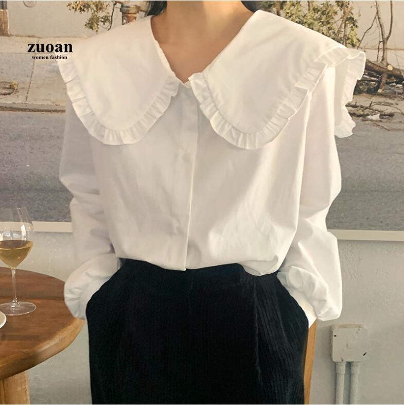 SUXI Áo Sơ Mi Trắng Cổ Bèo Dáng Rộng Phong Cách Hàn Quốc Cho Nữ