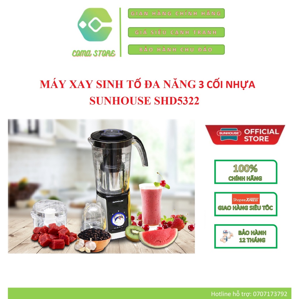 [Mã ELHA22 giảm 5% đơn 300K] SHD5322 - MÁY XAY SINH TỐ ĐA NĂNG 3 CỐI NHỰA SUNHOUSE 1.25L - BẢO HÀNH CHÍNH HÃNG 12 THÁNG