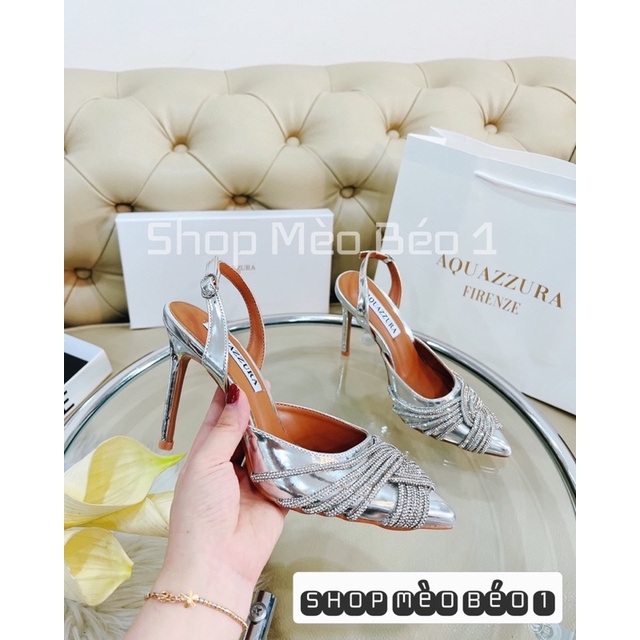 Sandal mica mũi nhọn gắn đá đan chéo gót nhọn fullbox hàng quảng châu cao cấp