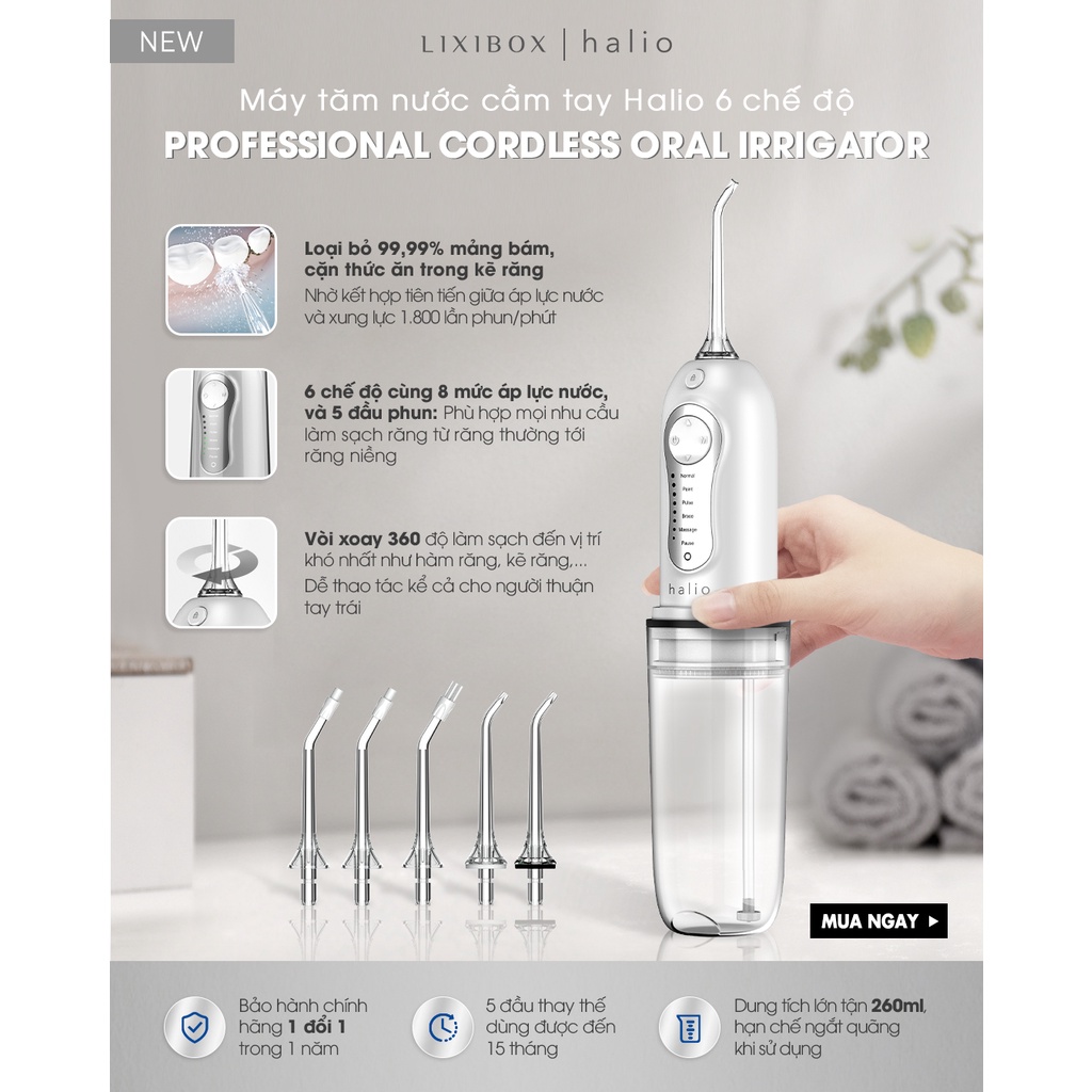 Combo Máy tăm nước cầm tay Cordless Oral Irrigator Và Máy Tẩy Trắng Răng Halio Enhancer