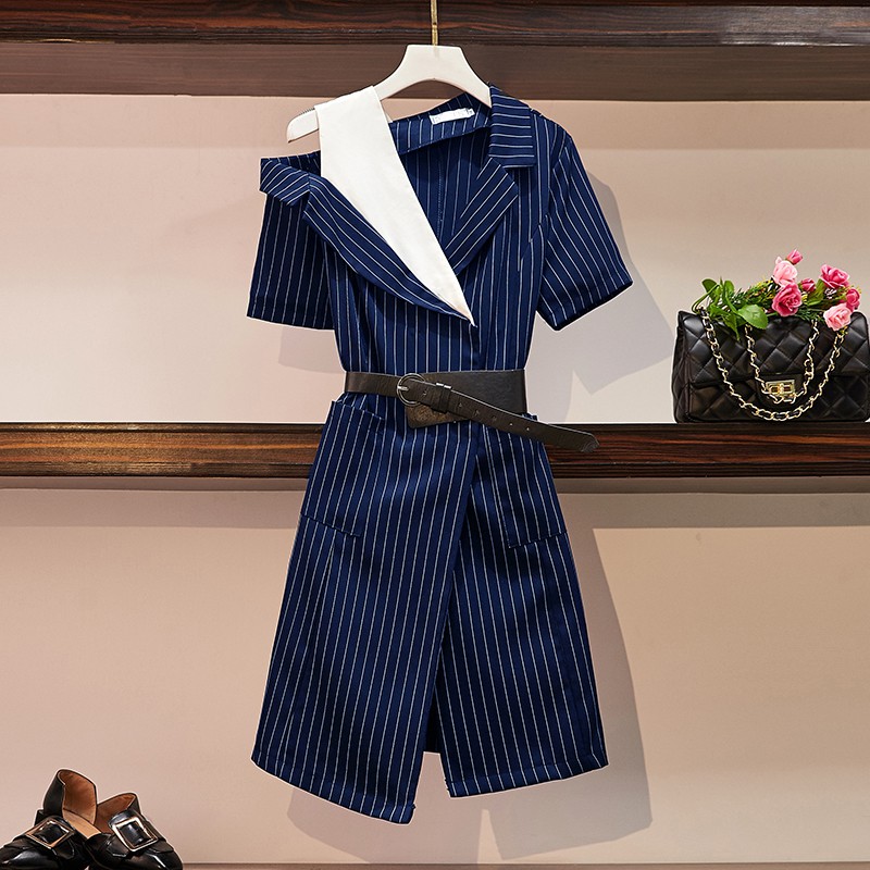 🌸Hàng Order🌸 Váy Sơ Mi Bigsize Kẻ Sọc Trễ Vai Kèm Đai Lưng Thanh Lịch Thời Thượng 🌸Hàng Quảng Châu