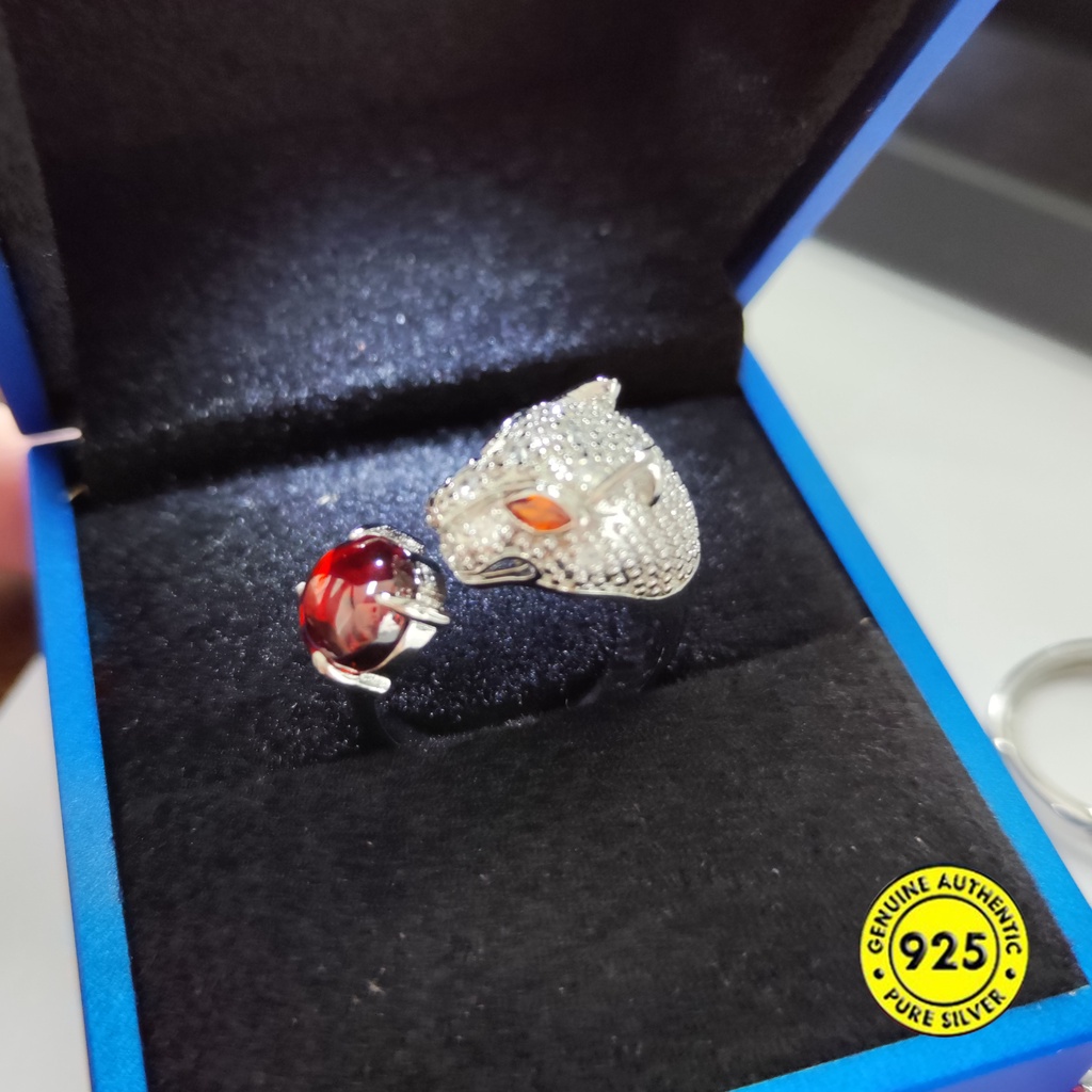 Nhẫn Hở Bằng Bạc Sterling S925 Đính Đá Hồng Ngọc Ruby Chống Nước Không Dị Ứng Hình Đầu Báo Hồng