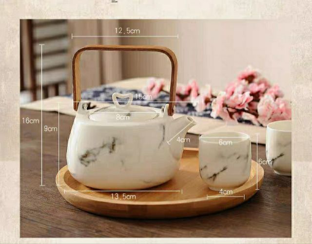 Bộ Ấm Chén Bằng Sứ Hoa Văn Đá Cẩm Thạch Phong Cách Nhật Bản dùng pha trà biếu tặng cao cấp