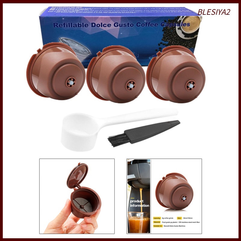 [BLESIYA2]3Pcs Reusable Coffee Capsule Filters with Spoon and Cleaning Brush