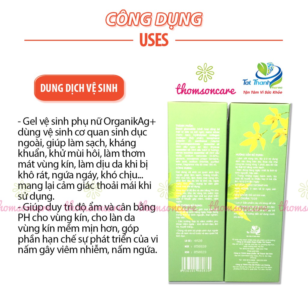 Dung dịch vệ sinh phụ nữ Organik Ag+ có Nano bạc - ddvs Giúp cân băng độ ẩm PH - Chai 180ml có vòi rửa phụ khoa