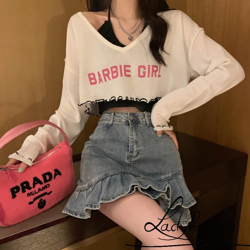 Bộ Trang Phục 2 Mảnh Áo Croptop Tay Dài Cổ Yếm In Chữ Thời Trang Cho Nữ