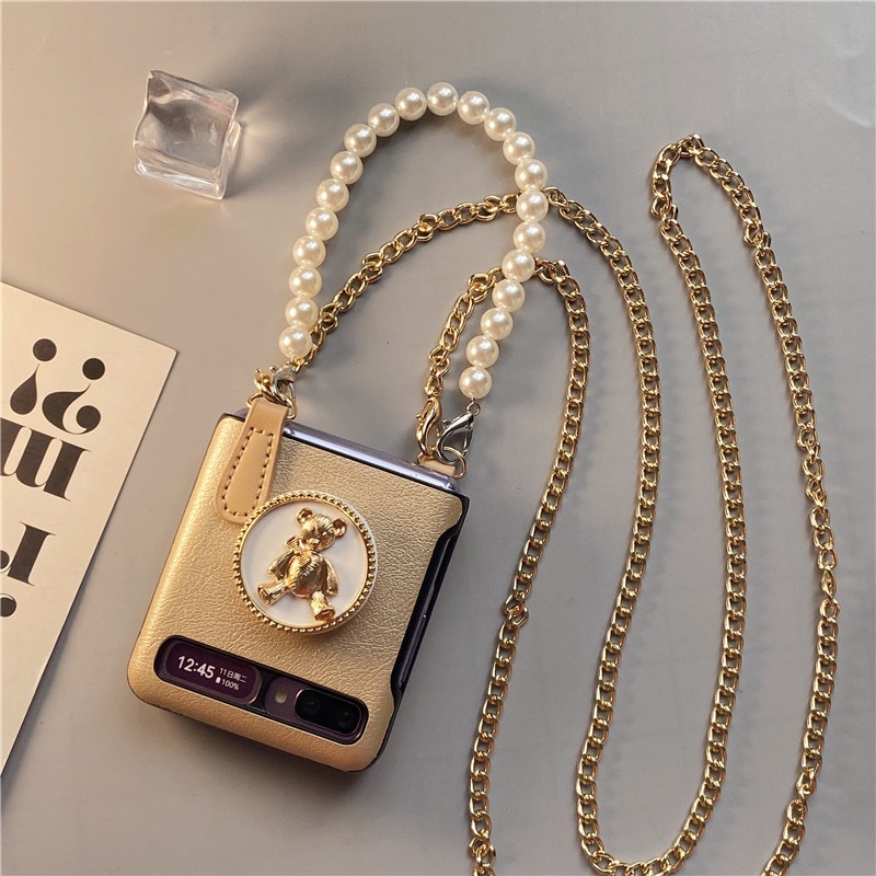 Bao Da Điện Thoại Nắp Gập Dạng Ví Dây Xích Dài Có Giá Đỡ Hình Gấu Kim Loại Đính Ngọc Trai Cho samsung z flip 4g 4 3 flip4 flip3 5g Ốp