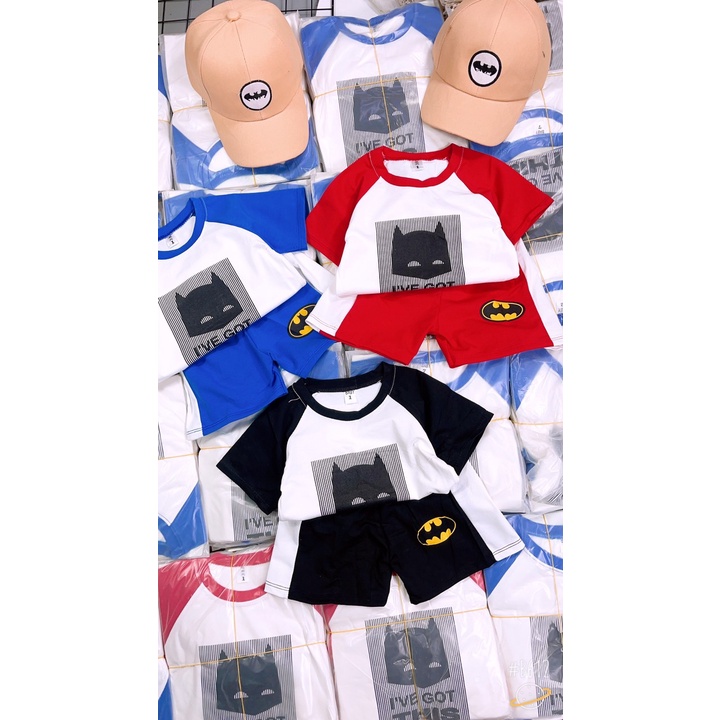 Bộ cộc tay bé trai TẶNG KÈM MŨ, Sét cộc tay chất cotton họa tiết Batman kèm mũ lưới trai