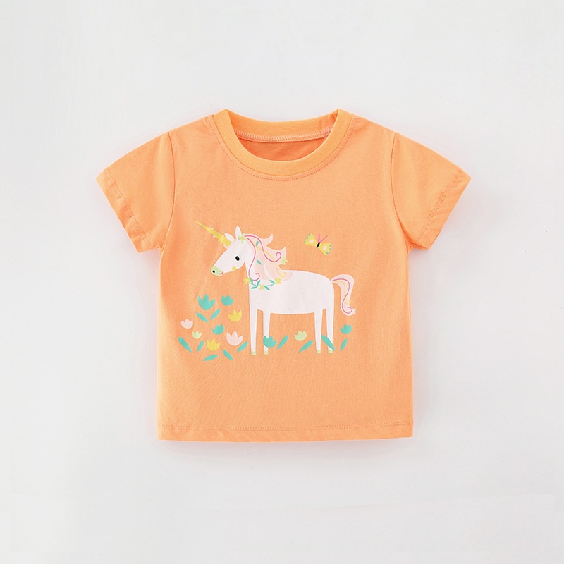 Áo Thun Cotton Cổ Tròn Tay Ngắn In Hình Bướm &amp; Kỳ Lân Dễ Thương Dành Cho Bé Gái