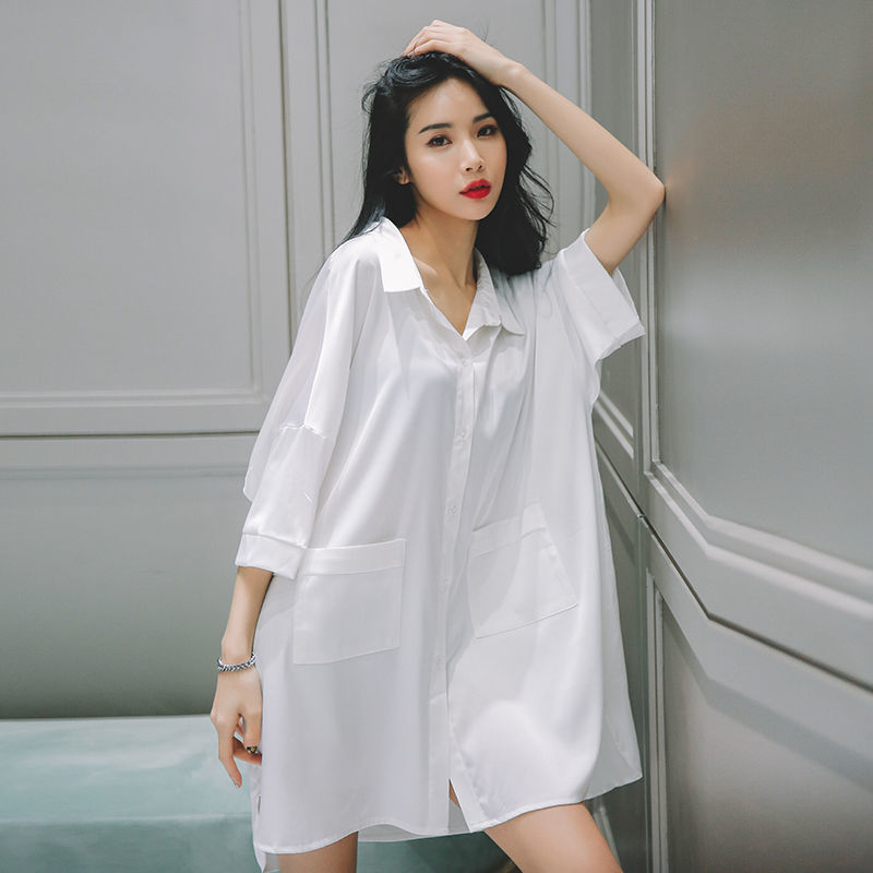 Sexy Women's Sleepwear Summer Slim Long Sleeve Boyfriend Wind White Shirt Form Long Home Wear Spring And Autumn Veterinary To Outfit Pajamas