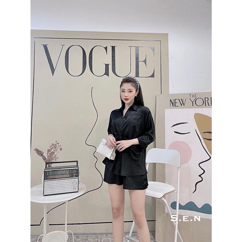 Set áo sơ mi và quần short chất lụa thô mềm mại