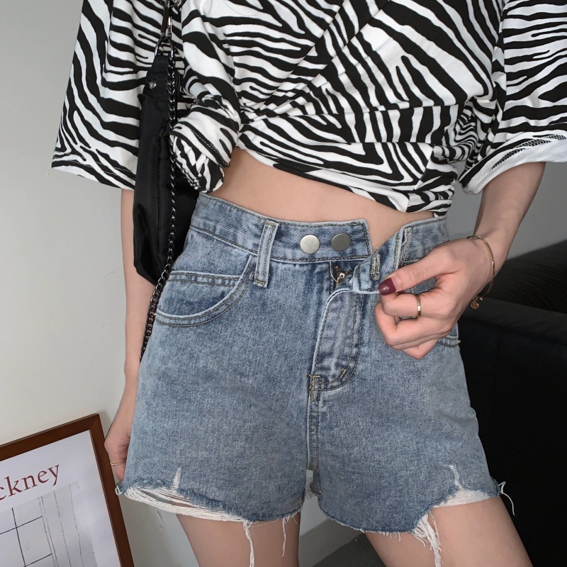 Quần short denim COZOK lưng cao phối rách thời trang