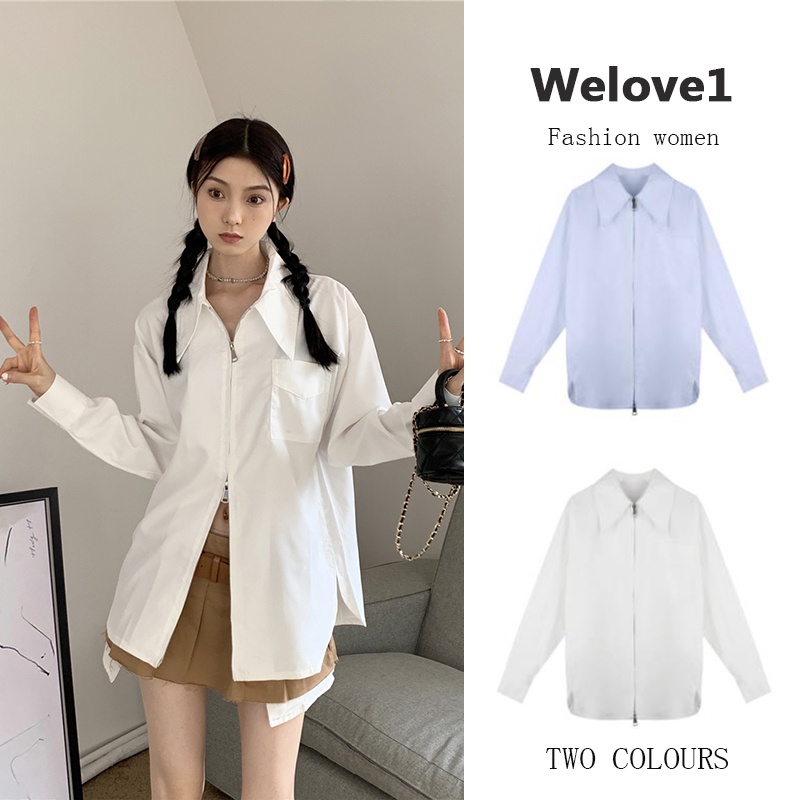 「 WELOVE1 」Áo Sơ Mi Dài Tay Dáng Rộng Có Khóa Kéo Đôi Thời Trang Mùa Thu Phong Cách retro Mỹ Dành Cho Nữ
