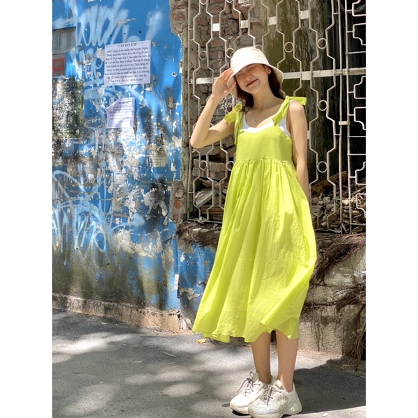 Unleashedvn GRETA AVOCADO SMOOTHIES DRESS - Đầm Greta màu xanh bơ 100% cotton, 2 dây vai thắt nơ, dáng babydoll dài