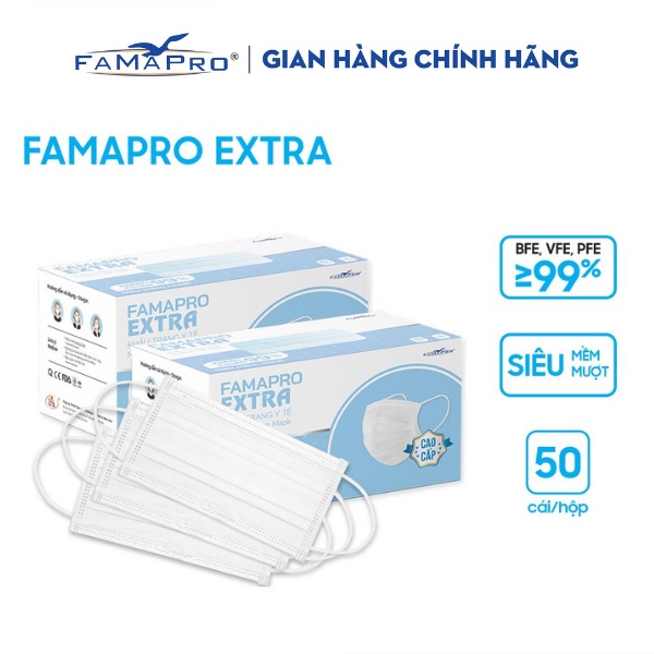 [Extra- COMBO2- HỘP 50 CÁI] Khẩu trang y tế kháng khuẩn 4 lớp Famapro Extra (50 cái/ hộp)