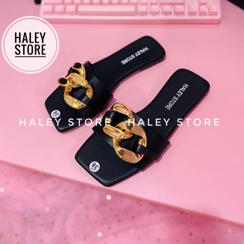 Dép nữ đế bệt quai ngang đính xích to Hottrend 2021 HALEY STORE