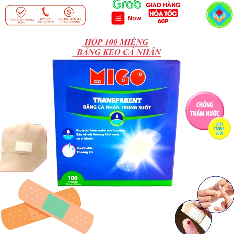 Băng Gâu (Trong Suốt) Dán Vết Thương hở ngoài da [Chống Nước Hộp 100 miếng MIGO]