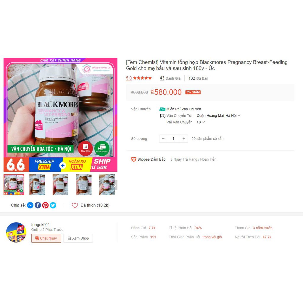 [Tem Chemist] Vitamin tổng hợp Blackmores Pregnancy Breast-Feeding Gold cho mẹ bầu và sau sinh 180v