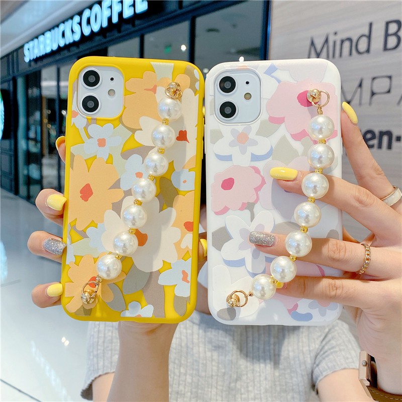 Samsung Galaxy S21 S20 FE S10 S9 S8 Plus Note 8 9 10 20 Ultra Pearl Chain Wrist Strap Flower Painted Soft TPU Phone Case