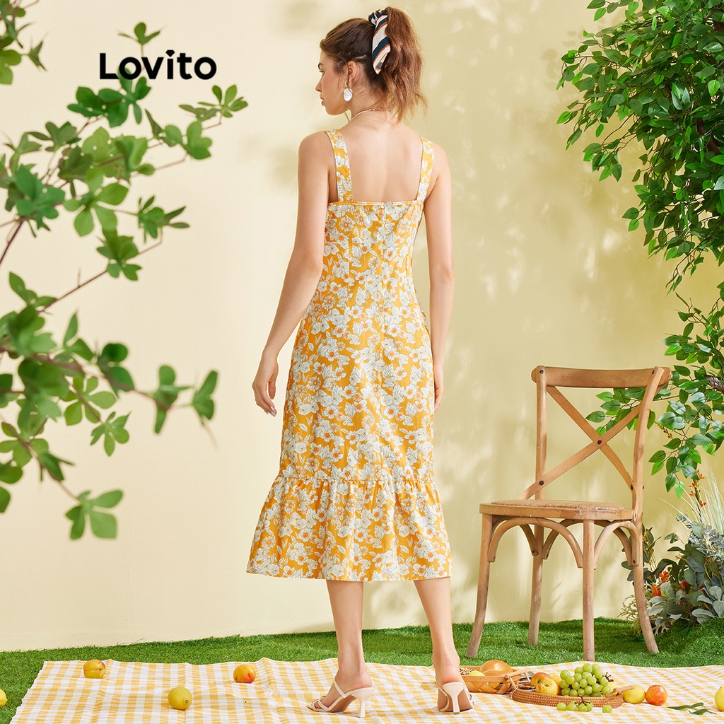 Lovito FREE NATURE Đầm Sát Nách Hoạ Tiết Cây Cối Phong Cách Bohomian L28EE039 (Vàng)