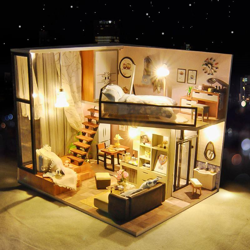 Mô hình nhà DIY Doll House Attic Dream Kèm Mica Chống bụi, Bộ dụng cụ và Keo dán