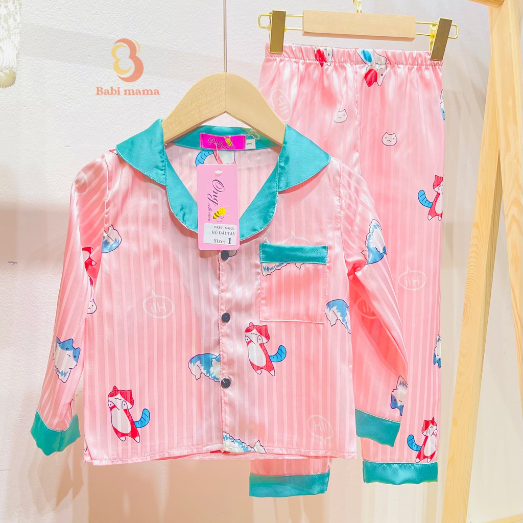 Set Quần Áo Trẻ Em Mặc Nhà Bộ Đồ Ngủ Pijama Lụa Gấm Dài Tay Bé Gái Size 10-24kg - BPN04 - Babi mama