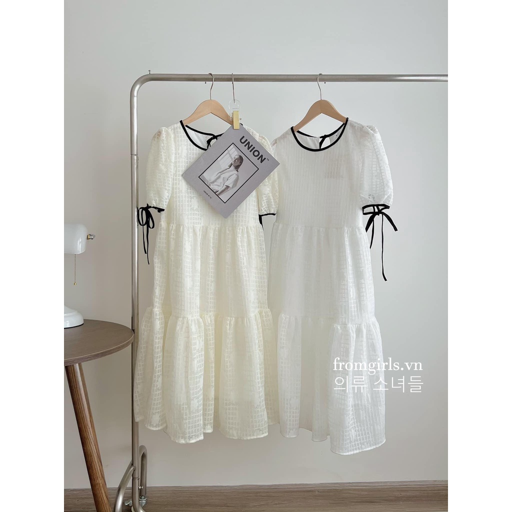 Đầm babydoll dáng dài, váy babydoll hoa nổi hai lớp tay phồng - V84