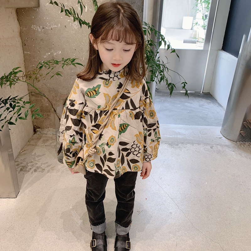 Áo sơ mi tay dài chất liệu polyester mềm mại in họa tiết hoa phong cách Hàn Quốc cổ điển thời trang cho bé gái 4-6 tuổi