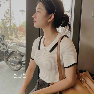 Áo thun gân phối viền cổ bẻ