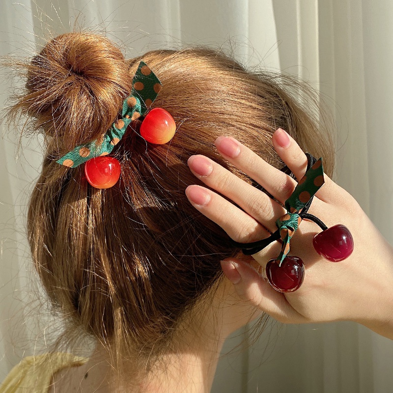 Dây Buộc Tóc Cao Su Bọc Da Họa Tiết Quả Cherry Phong Cách Hàn Quốc Đơn Giản Cho Nữ