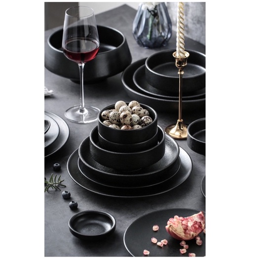 Bộ bát đĩa gốm đen nhám glaze phong cách Nhật Bản