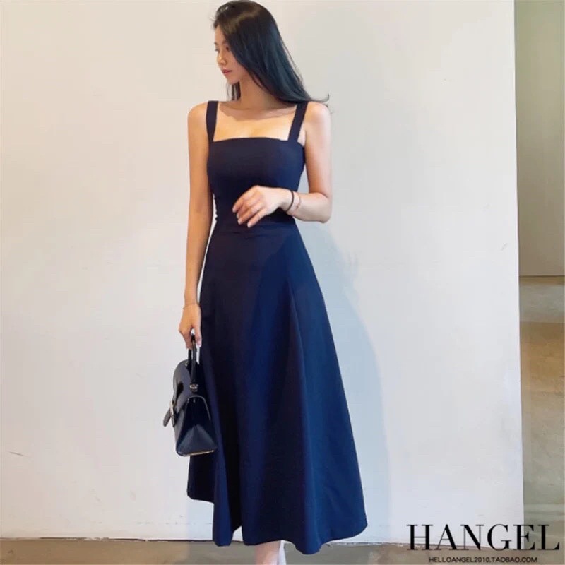 Đầm hai dây bản to cúp ngực dáng xoè dài 2 màu