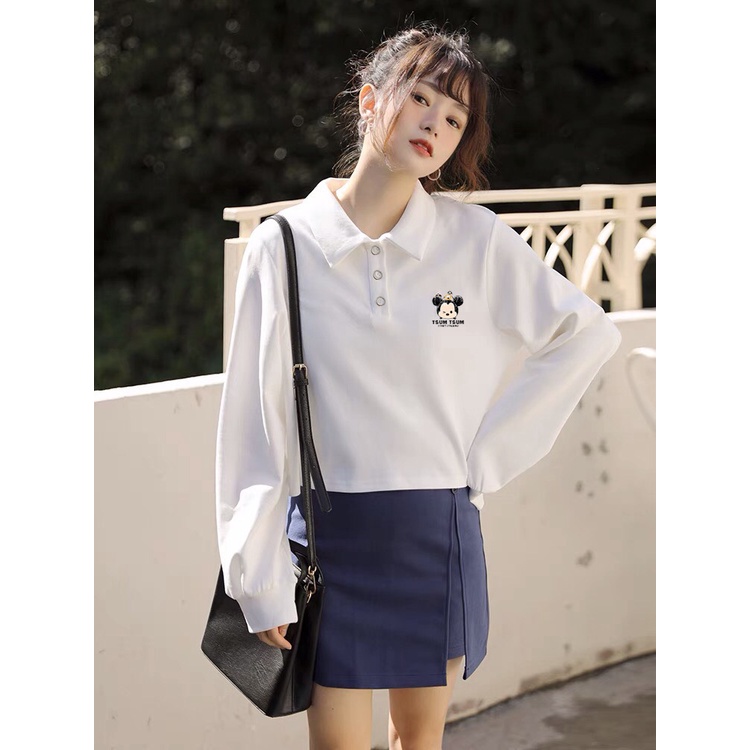 Áo sweater polo cổ bẻ dài tay chất nỉ da cá ALALA Dài Tay Dáng Suông Trơn in hình gấu Tsum
