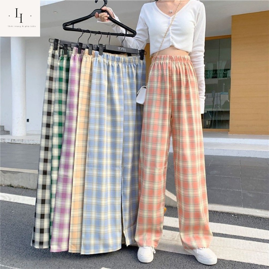 Quần baggy kẻ caro ống rộng phong cách Hàn Quốc cá tính kiểu dáng suông lưng cạp cao co giãn tôn dáng Liao shop