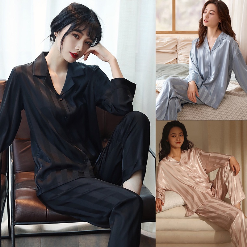 Bộ Đồ Ngủ Tay Dài Chất Lụa Satin Thời Trang Phong Cách Hàn Quốc Cho Nữ